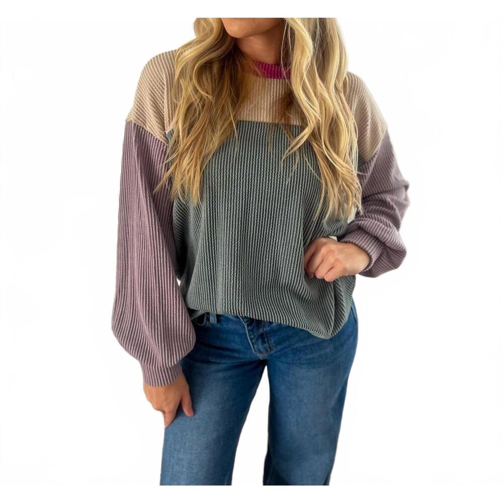 NEW LOVELY MELODY keeley corded color block top in lavender and dusty blue